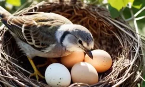 A bird sitting on eggs inside the nest.