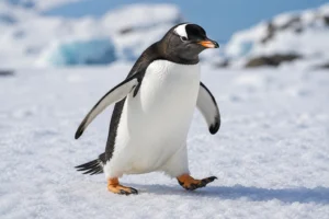 Penguin walking across snowy ice