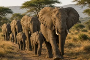 old matriarch going along with young elephant guiding them route